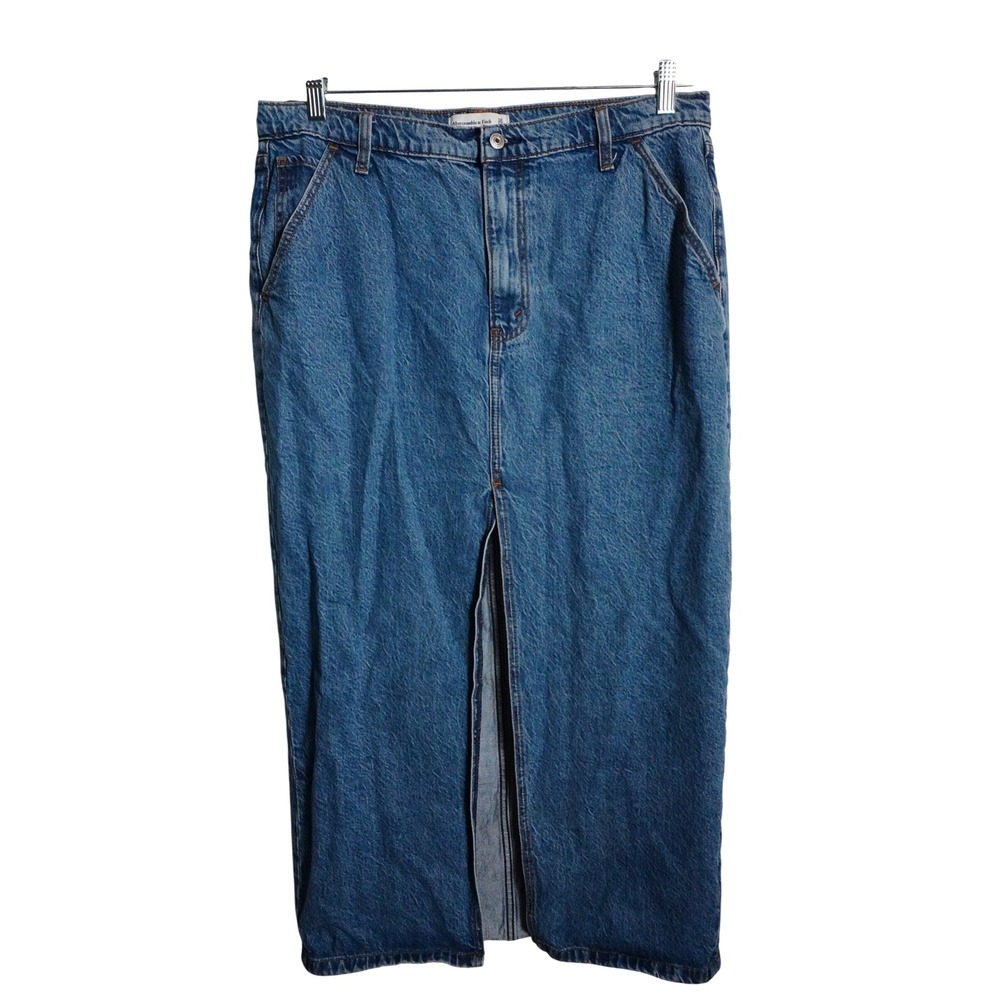 Abercrombie & Fitch Denim Skirt 14 High Rise Front Slit Medium Wash Midi